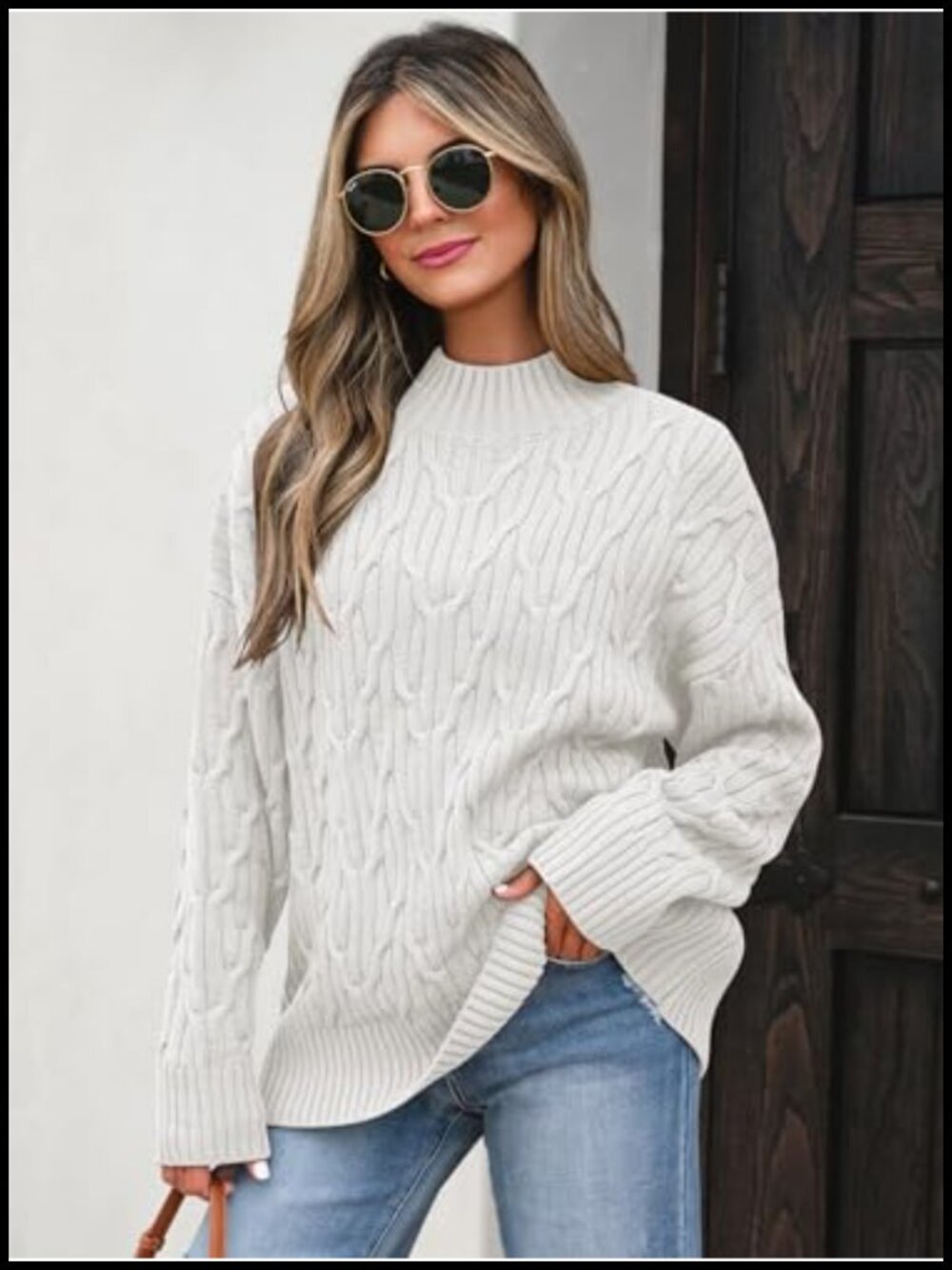 Women's Mock Neck Cable Knit Sweater 100% Acrylic Chunky Pullover - Picture 3 of 6